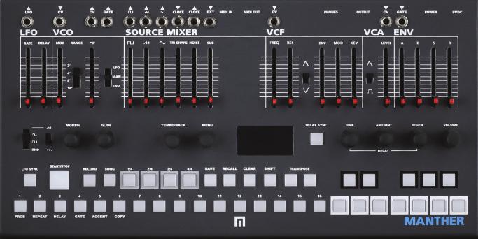 PRODUCTS SOON TO SHIP MANTHER is a full featured, tabletop monosynth with an analog signal path, an advanced 64-step digital sequencer and onboard delay.