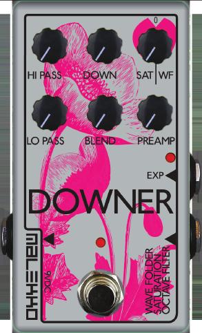 PRODUCTS SOON TO SHIP DOWNER combines the power of wavefolding or saturation, octave down, and both high-pass and low-pass filters all in one compact pedal design with just 6 knobs.