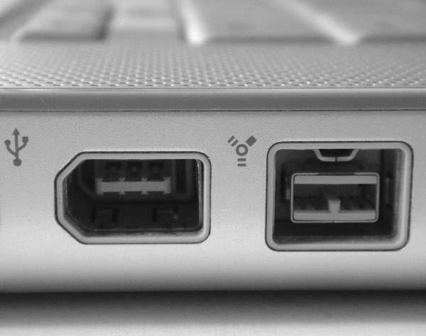 fig 10.02 Figure 10.2 On the left, a regular 6- pin Firewire port the type that you connect a video camera to.