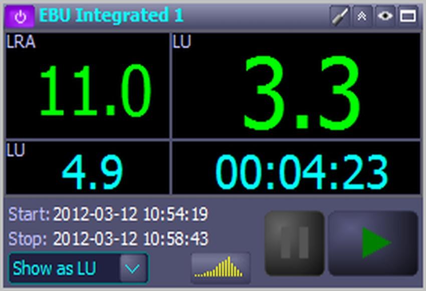 EBU Integrated 30 The EBU Integrated is a loudness meter according to EBU R-128 which displays Loudness Range (LRA), integrated (EBU-I) and short-term loudness (EBU-S) numerically.