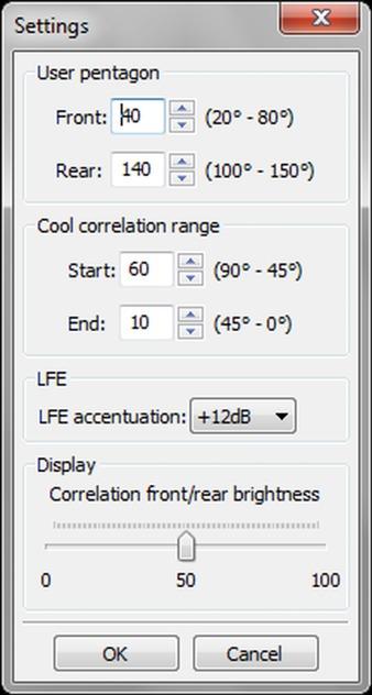the Settings menu lets you define your personal speaker setup ( User pentagon ), a Cool correlation range, LFE accentuation and the brightness of the correlation display.