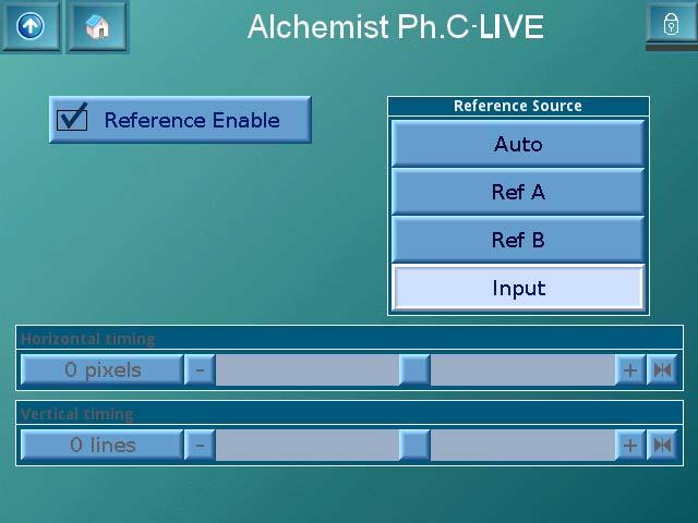 Alchemist Ph.C-HD LIVE www.snellgroup.com Operation Using the Touch Screen (Option) 5.8.6 Reference When Reference is selected, the screen shown below is displayed. 5.8.6.1 Reference Enable This allows the genlock function to be turned ON or OFF.