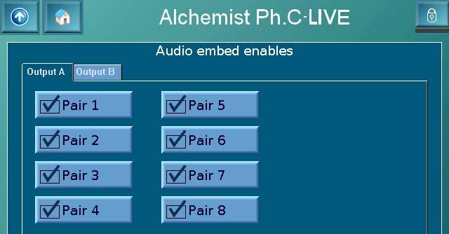Alchemist Ph.C-HD LIVE www.snellgroup.com Operation Using the Touch Screen (Option) 5.9.6.1 Disabling Embedded Audio outputs To disable/turn off embedded audio output pairs: 1.
