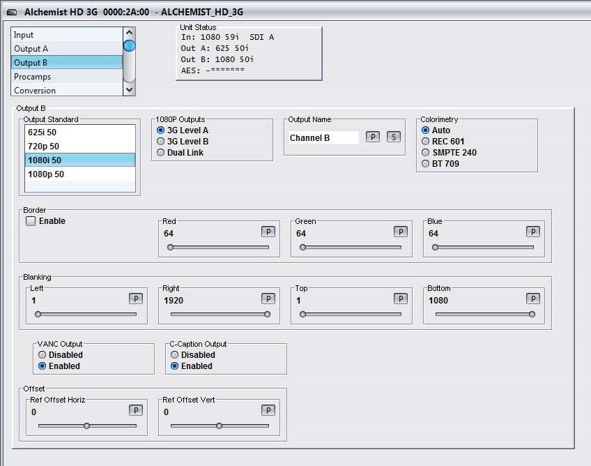 Alchemist Ph.C-HD LIVE www.snellgroup.com Operation Using the RollCall Control Panel 4.5 Output B When the Output B item is selected, the screen shown below is displayed.