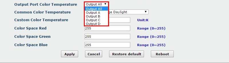 Figure 38: Output Port Color Temperature Common Color Temperature Select from a list of the most common preset color temperature schemes.