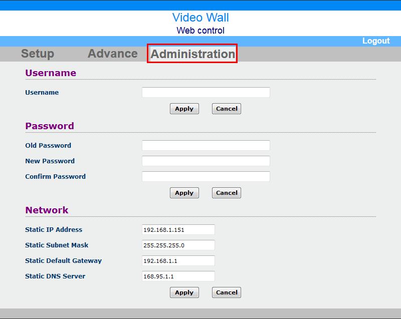 7.3 Administration Figure 43: Web Control - Administration 7.3.1 Username The default username for logging on to these setup webpage is "admin". This can be changed to your preference.