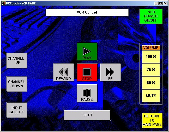Campus cable is available via the VCR tuner to view on the projector. The VCR control window allows remote control of VCR functions.