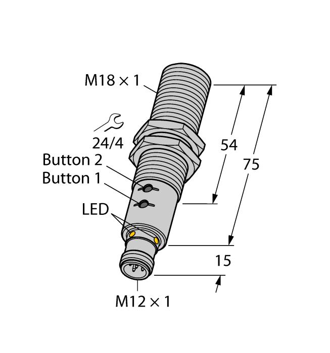 Smooth sonic transducer face Cylindrical housing M18, potted Connection via M12 x 1 male Teach range adjustable via pushbutton or adapter Temperature compensation Blind zone: 2.