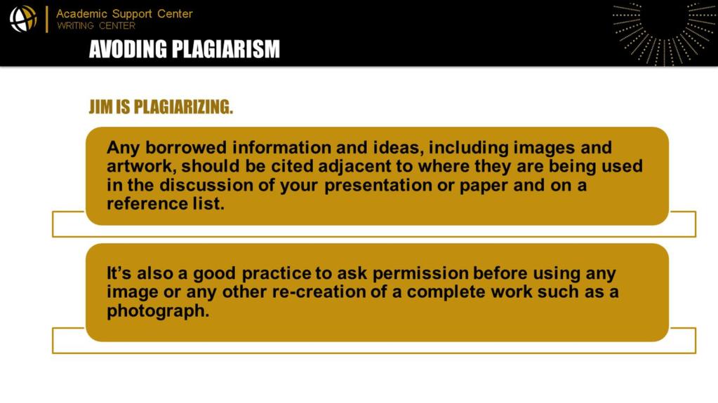 Any borrowed information and ideas, including images and artwork, should be cited adjacent to where they are being used in the discussion of your presentation or