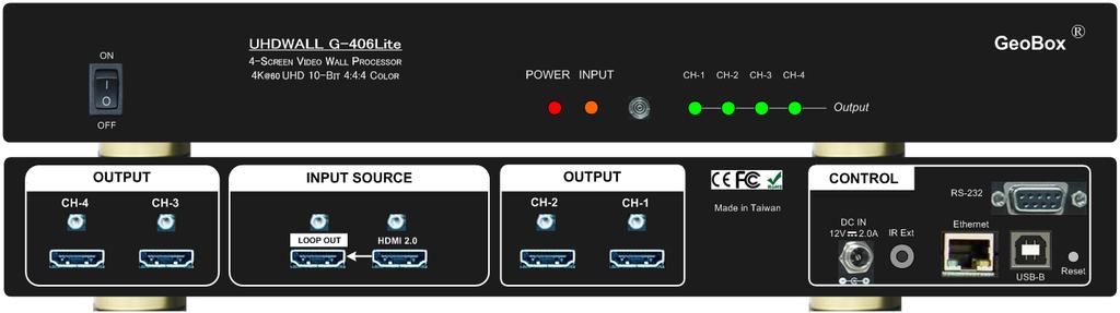 G406L Quad channel controller GeoBox G406L is simplified version of G406 Video Wall controller. It incorporates 1x HDMI 2.0 input and 1x HDMI 2.