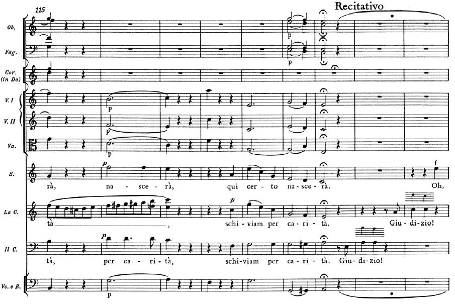 Example 4. Focal recitative intrusion in Susanna, or via sortite (II.