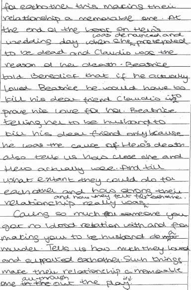 Examiner comment Band 6 The response provides some relevant, though generalised, comments about the relationship between Beatrice and Hero: They understood each other very well and they never argued.