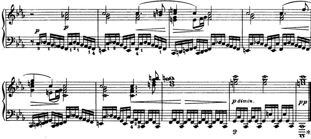 measures. Despite its shortness, the peaceful second subject presents a climatic point in the exposition that closes with sixteenth notes in diminished sevenths from m. 58.