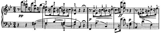 Coquette represents a girl with a light and flirtatious character. In Schumann s music the playful girl is presented with wide skips, sixteenth rests, with forte interruptions in every few measures.