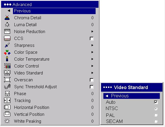 Video Standard: when it is set to Auto, the projector attempts to automatically pick the video standard based on the input signal it receives.