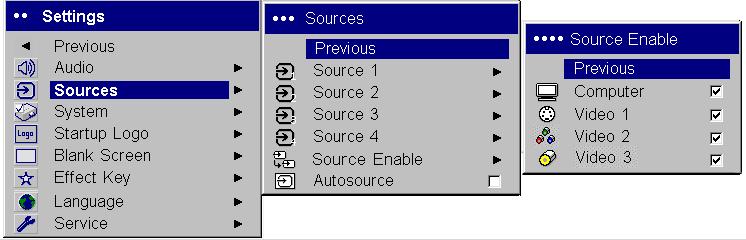 When Autosource is selected, the Source Enable feature indicates which sources the projector attempts to lock onto.