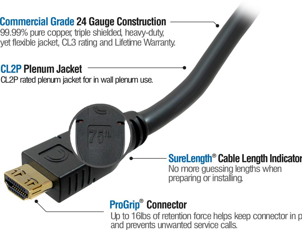 Plenum Pro AV/IT HDMI Cable with ProGrip & SureLength Comprehensive Pro AV/IT Series Plenum HDMI cables allow HDMI cables to be run without conduit saving money and time.