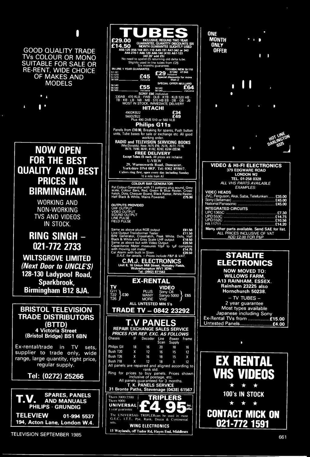 4. TELEVISION SEPTEMBER 1985 TUBES 29.00 INCLUSIVE, REGUNS TWO YEAR GUARANTEE, GUANTTTY DISCOUNTS SIX 14.