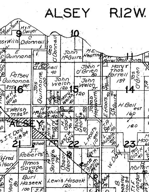 Figure 6. A portion of the Township of Alsey, Township 13 North, Range 12 West, as shown in the 1945 plat book of Scott County, Illinois (W. W. Hixson and Company, Rockford, Illinois).