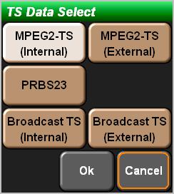 2. Each value is set by choosing each arrow mark. 1 TS Data Select 3 File Name 2 Clock Mode 4 Clock Rate 5 Play Mode Figure 3-55 TS Generator (TS1) Screen 1 The TS data are chosen. [TS Data Select].