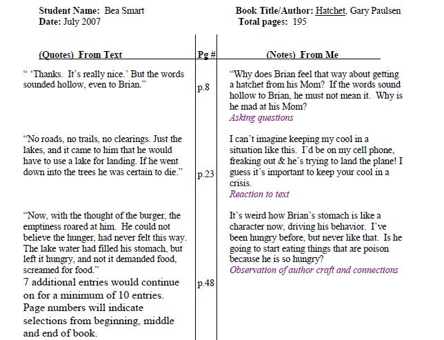 Exemplary Sample Double-entry Journal An Exemplary Double-Entry Journal contains: A total of 10 entries from the entire book. Each From Text entry is one or more complete sentence.