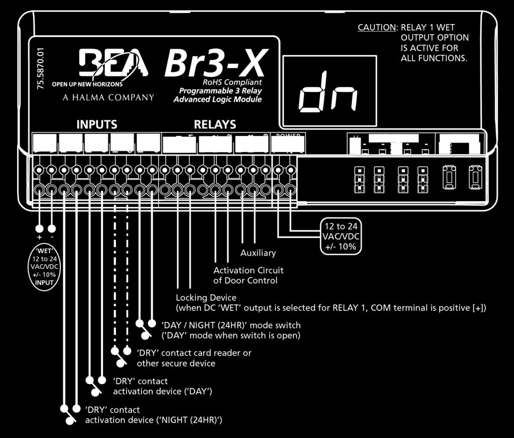 dn - 3-relay sequence with 'day / night (24 hr) mode' h3 - relay 3 hold time d2 - delay between relays 1 & 3 1. Trigger INPUT 1, INPUT 2, or 'WET'.