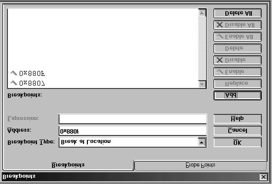 Spectrum Digital, Inc 2.3 Setting Breakpoints To set a breakpoint run the mouse over the Debug pulldown, click on the first option Set Breakpoints. The following panel will appear.