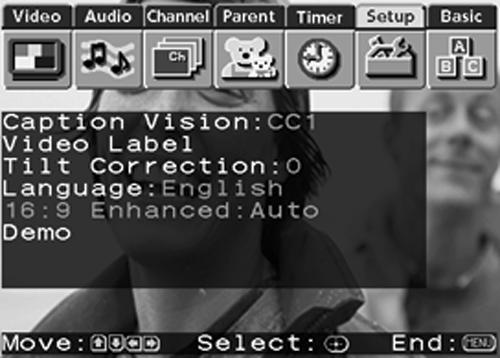Using the Menus Using the Setup Menu To select the Setup Menu 1 Press MENU. 2 Use the arrow buttons to move to the Setup icon and press. 3 Use the arrow buttons to scroll through the features.