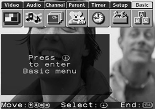 Using the Menus Using the Basic Menu To select the Basic Menu 1 Press MENU. 2 Use the arrow buttons to move to the Basic icon and press. 3 Use the arrow buttons to scroll through the features.