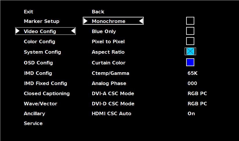 Video Config Submenu Use the Video Configuration submenu to select various video settings such as monochrome mode or blue-only mode.