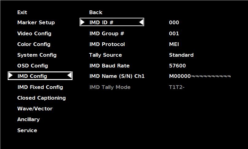 IMD Config Submenu Overview The V-R261-DLW features an In-Monitor Display (IMD) with the ability to display on-screen text and tally in three colors.