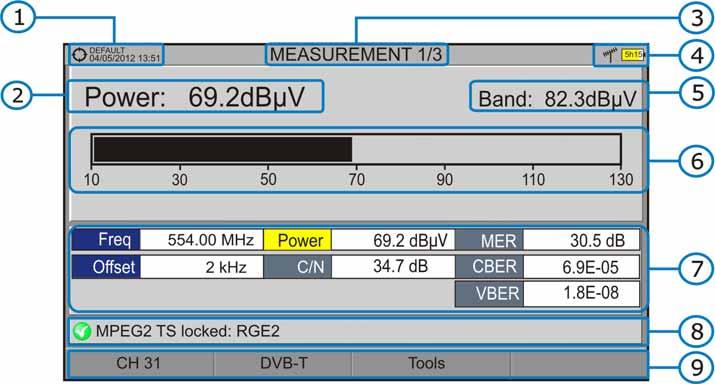 3.2 Operation Connect the RF input signal to the equipment. Select through the Settings menu satellite). the frequency band (terrestrial or Access the MEASUREMENT option by pressing the key.