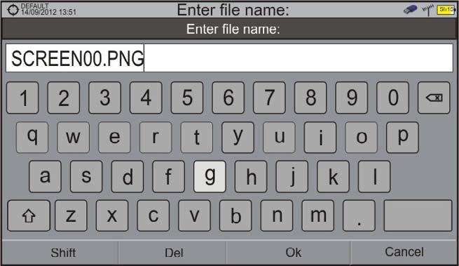 2.7.4 Virtual Keyboard When a user needs to enter or edit a file name (from an image, channel set, etc.), a screen with a virtual keyboard appears as shown at the figure. Figure 20.