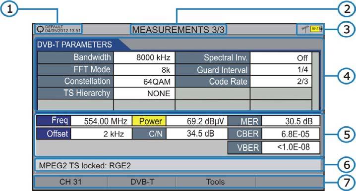 MEASUREMENT 3/3: MEASUREMENT + PARAMETERS Figure 26. Selected installation, date and time. Number of view/total views. Selected band, battery level. Demodulation parameters of the locked signal.