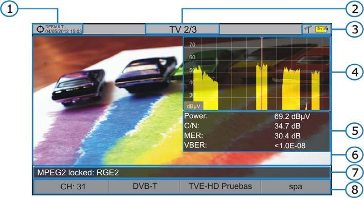 TV 2/3: TV + SPECTRUM + MEASUREMENT Figure 34. Selected installation; date and time. Number of view/total views. Selected band, battery level. Tuned service image. Spectrum.