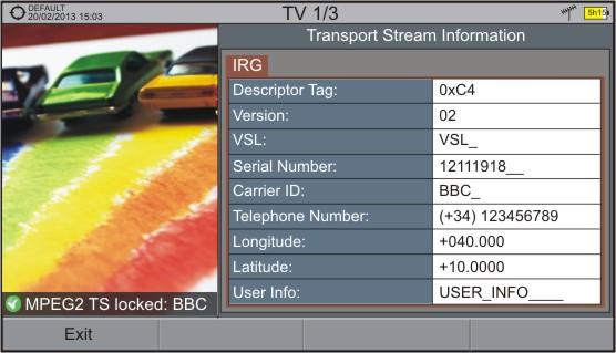 5.4 IRG Descriptor The analyser is compatible with IRG recommendations and it can extract the Carrier ID information and display it conveniently showing all the details.