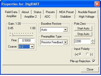 digidart -LF Digital Portable MCA Operator Manual The Input Polarity radio buttons select the preamplifier input signal polarity for the signal from the detector.