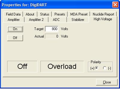 digidart -LF Digital Portable MCA Operator Manual Figure 35 shows the High Voltage tab, which allows you to turn the high voltage on or off, and set and monitor the voltage.