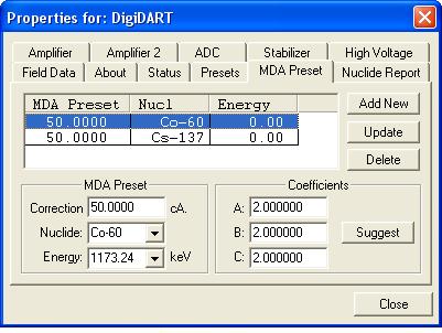 digidart -LF Digital Portable MCA Operator Manual See also Section 6.2. The coefficients a, b, and c are determined by the MDA formula to be used.