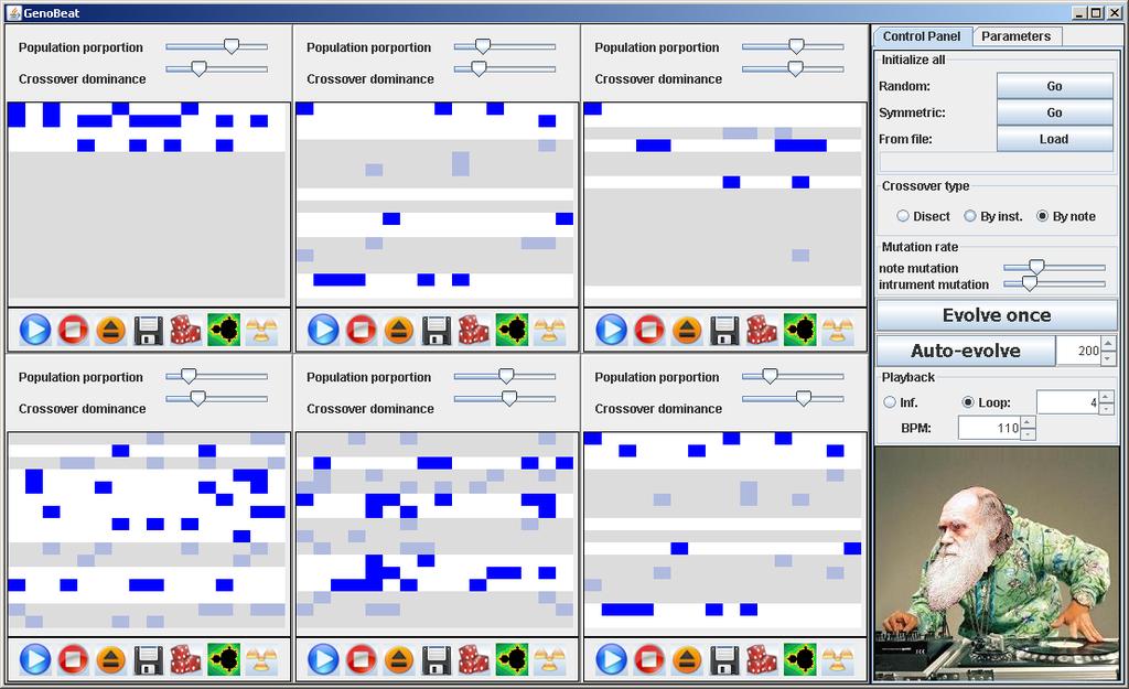 The GUI: beat population (left) and control panel (right) Heuristic approaches While the basic evolutionary concept is simple, good results require good heuristics.