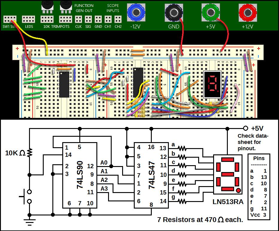 Figure 152: 74LS90 BCD counter and 74LS47 BCD decoder test circuit. Chapter 7.