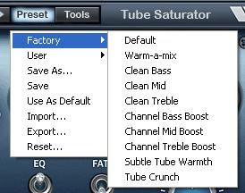 Wave Arts Tube Saturator The currently selected preset name is displayed in the text field in the menu bar. Changing any parameters causes an asterisk (*) to be displayed at the end of the name.