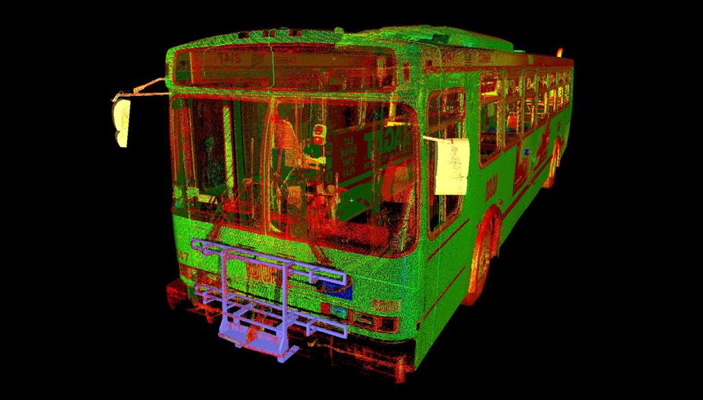 3D Laser Scanning of Bus Laser Scanning the bus serves dual purposes: first, it provides the most accurate 3D model data for