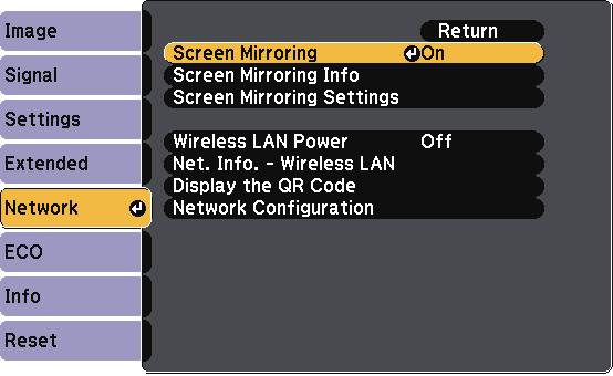 Wireless Network Projection from Mobile Device (Screen Mirroring) 101 c Select On s the Screen Mirroring setting. e Set the Disply Nme setting s necessry.