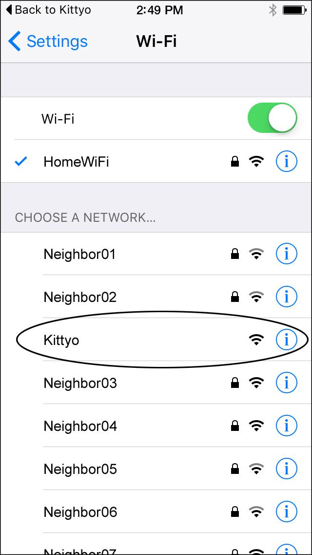 j. Depending on the smartphoneʼs operating system version, either the Wi-Fi settings or the Kittyo App settings will be displayed in the Settings