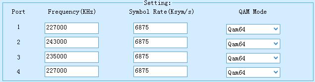 in the setting menu. The key parameters of a received channel include Frequency, Symbol Rate, and QAM Mode.