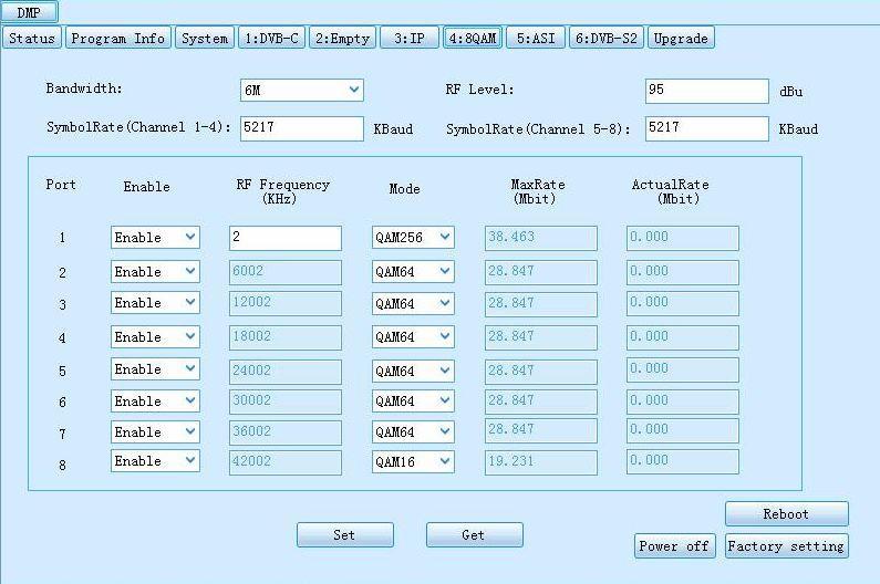 8-QAM/4-COFDM module NMS configuration interface: Parameters Bandwidth RF Level SymbolRate (Channel 1~4) SymbolRate (Channel 5~8) Enable RF Frequency (KHz) Mode MaxRate ActualRate Description Select