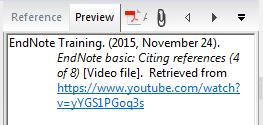 YouTube. Use Blog as the Reference Type as this works best for a YouTube reference. Italicise the title of the YouTube entry by pressing the italics button in the toolbar of the New Reference window.