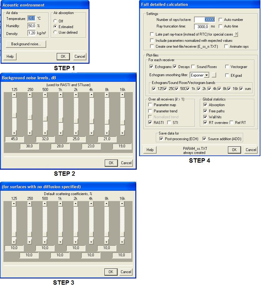 Figure 18: Full detailed calculation settings from CATT acoustics, step 1-3 is settings done prior to step 4 which is the full detailed calculation menu.