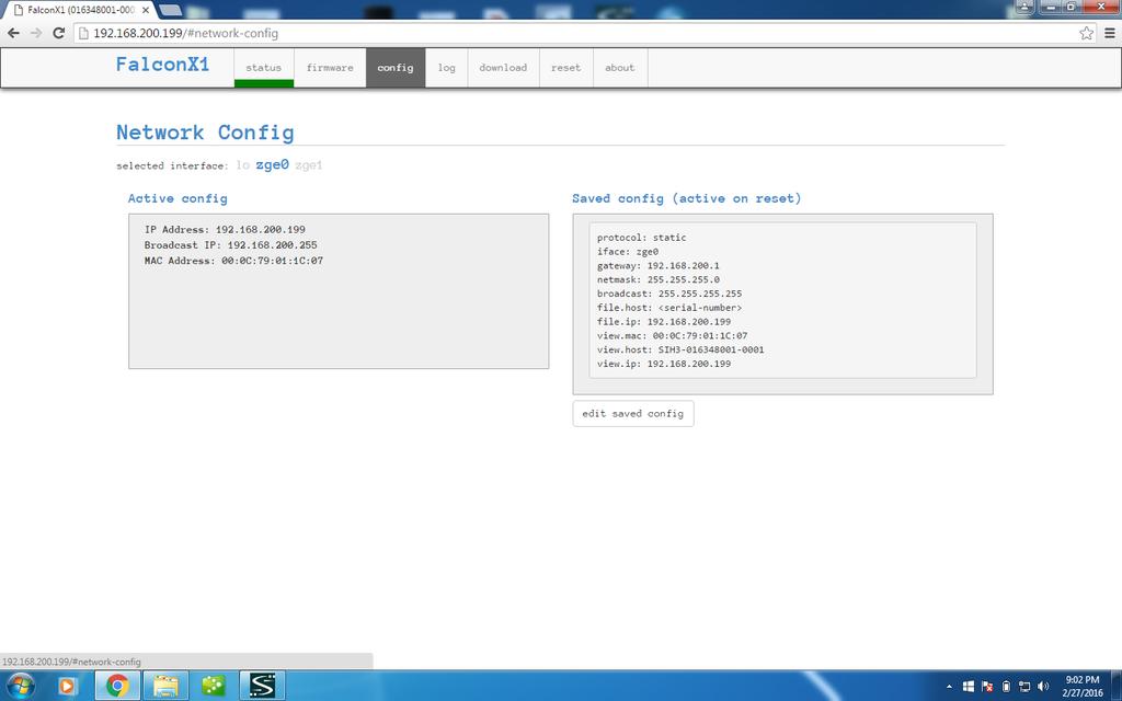 1.3.3 Config 1.3.4 Log The config tab shows the current network configuration settings.